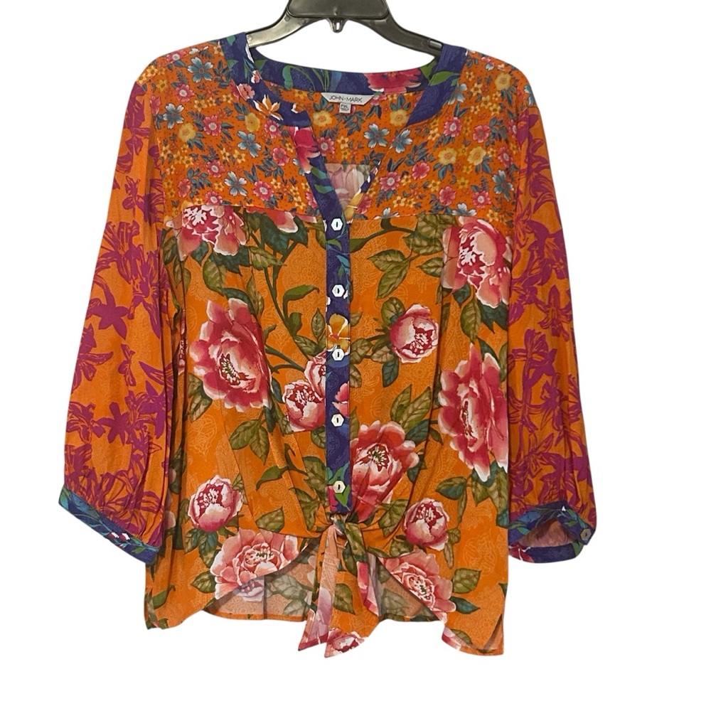 New John Mark Floral Knotted Top V-neck Button Front Size PXL Ties Petite